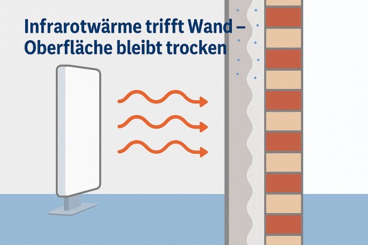 Illustration: Infrarotwärme trifft Wand – Oberfläche bleibt trocken