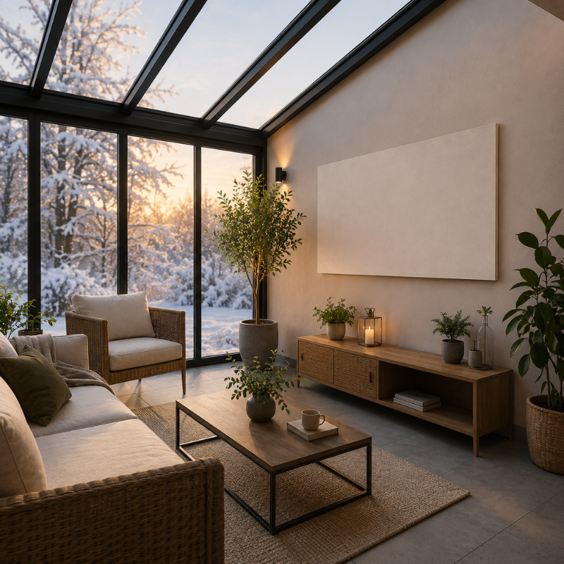 Moderner Wintergarten mit elektrischer Infrarotheizung